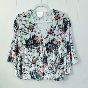 Maeve Anthropologie Burn Out Velvet Blouse Top Faux Wrap Silver Floral Medium